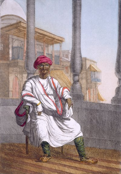Landholder, hinduista vysoké třídy, z „Hinduisté nebo popis jejich způsobů, kostýmů a obřadů“, kolem 1808-12 (barevný lept) od Franz Balthazar Solvyns