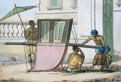 Sedlo Palanquin, z „Mýry, zvyky a šaty hinduistů“, 1799 (barevný lept) od Franz Balthazar Solvyns