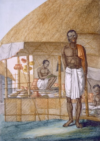 Obchodník prodávající hrnce, banány a obilí z knihy „Hinduisté nebo popis jejich způsobů, kostýmů a obřadů“, kolem 1808-12 (barevný lept) od Franz Balthazar Solvyns