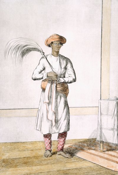 Nosič metličky, z knihy "Hinduisté, aneb popis jejich mravů, krojů a obřadů", asi 1808-12 (kolorovaný lept) od Franz Balthazar Solvyns
