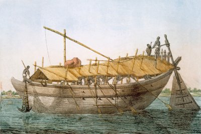 Wolack, říční plavidlo pro přepravu zboží, z „Hinduisté nebo popis jejich způsobů, kostýmů a obřadů“, kolem 1808-12 (barevný lept) od Franz Balthazar Solvyns