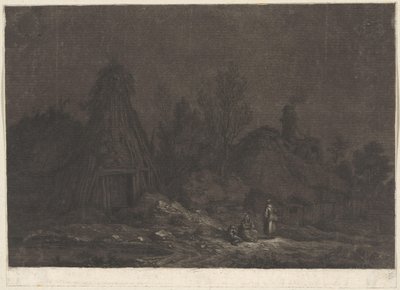 Scéna za měsíčního svitu s postavami před chatou XII Vues de la Normandie (název série) od Franz Edmund Weirotter