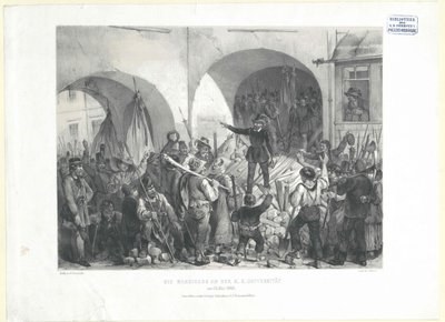 Barikáda na k. k. univerzitě na adrese 26. Květen 1848 (litografie) od Franz Gerasch
