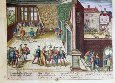 Zatčení Lamorala, hraběte z Egmontu (1522-1568) a Philippa de Montmorency (1524-1568), hraběte z Hornes (Hoorn) za jejich postavení proti španělskému králi Filipu II. (1527-1598). Budou popraveni v roce 1568 (vpravo nahoře) 1653 Tisk F od Franz Hogenberg