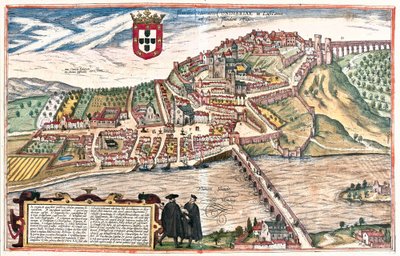 Coimbra, Portugalsko Dva akademici viděni v učené diskusi v popředí dále vizuálně odkazují na univerzitu (rytina od Franz Hogenberg