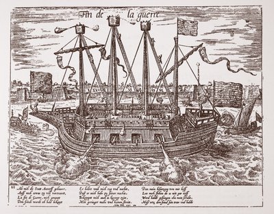 "Fin de la Guerre", válečná loď postavená pro Spojené provincie, 1585 od Franz Hogenberg