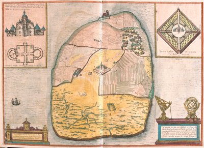 Ostrov Ven a Uranienborg, palác a observatoř Tycha Brahe nacházející se na tomto ostrově v Sundu (rytina od Franz Hogenberg