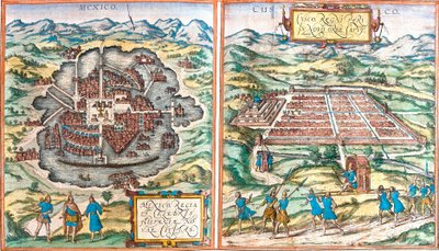 Mapa Mexika (Mexiko) a Cuzca (Cusco) (Peru) (lept od Franz Hogenberg