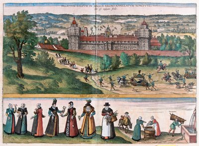 Palace of Sans-Elike, Surrey, Anglie (rytina od Franz Hogenberg
