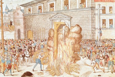 Poprava soudce Anne du Bourg odsouzená k oběšení s následným spálením mrtvoly, 23. prosince od Franz Hogenberg