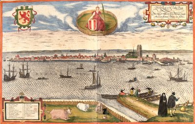 Pohled na Dordrecht (Dordracum), Nizozemsko (lept od Franz Hogenberg