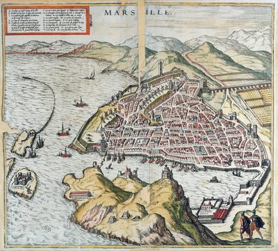 Pohled na Marseille v 16. století, zobrazující nemocnici pro malomocné vlevo dole, z „Le Théâtre du Monde“ od Georga Brauna, 1599 od Franz Hogenberg