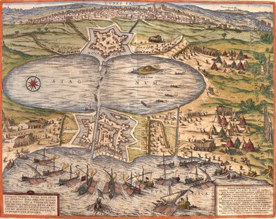 Pohled na Tunis (Tunes), Tunisko, s pevností Goulette (Guleta Arx), která kontroluje přístup k jezeru Tunis a novou pevností (nova arx) před městskými hradbami (lept od Franz Hogenberg