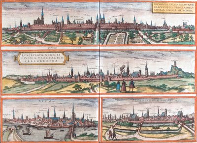 Pohledy na Brunswick (Brusvicum), Lüneburg (Loneburgum), Brémy (Brema) a Oldenburg (Aldenburgum), Německo (lept od Franz Hogenberg