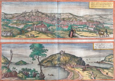 Pohledy na Burgos a San Sebastian (nebo Donostia), Španělsko (lept od Franz Hogenberg