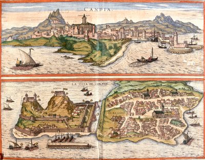 Pohledy na Candia (Candia), současný Heraklion na ostrově Kréta a Korfu nebo Corcyra (Corphu), řecký ostrov (lept od Franz Hogenberg