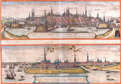 Pohledy na Lubeck (Lubeca) a Hamburg (Hamburga), Německo (lept od Franz Hogenberg
