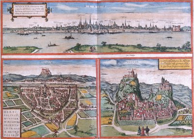 Pohledy na Mainz (Moguntia), Würzburg, Německo a Sion (Sedunum) ve Švýcarsku (lept od Franz Hogenberg