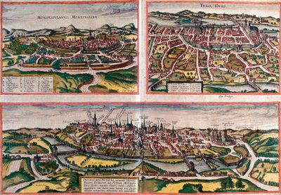 Pohledy na Montpellier (Monspessulanus), Tours (Turo) a Poitiers (Pictavis), Francie (lept od Franz Hogenberg