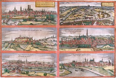Pohledy na Mnichov (Monacum) Ingolstadt (Ingolstadium), Freising (Frisingensis), Nordlingen (Nordlinga), Regensburg (Ratispona) a Straubing (Stravbinga), Německo (lept od Franz Hogenberg