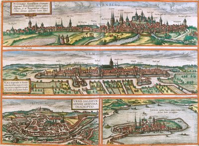 Pohledy na Norimberk (Nurnberga), Ulm (Ulma), Lindau (Lindola), Německo a Salzburg (Salisburgensis) v Rakousku (lept od Franz Hogenberg