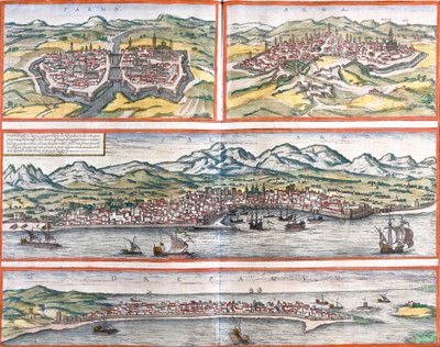 Pohledy na Parmu (Parma), Siena (Sena), Palermo (Panhormus) a Trapani (Drepanum) (Sicílie), Itálie (lept) od Franz Hogenberg