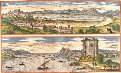 Pohledy na Pozzoli (Puteoli) a zálivy (Baiae) (dnešní Baia), Itálie, se starověkými zbytky termálních lázní v Neapolském zálivu a pevností (lept od Franz Hogenberg