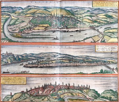 Pohledy na Treves (Treveris), Koblenz (Coboletz) a Rothenburg (Rotenburgum), Německo (lept od Franz Hogenberg