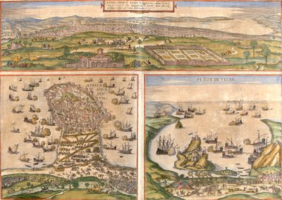 Pohledy na Tunis (Tunes) a Mahdia (Aphrodisium) v Tunisku a Penon de Velez de la Gomera nebo Badis (Bades) (Penon de Veles), penon de Veles, sporný mezi Španělskem a Marokem (lept). od Franz Hogenberg