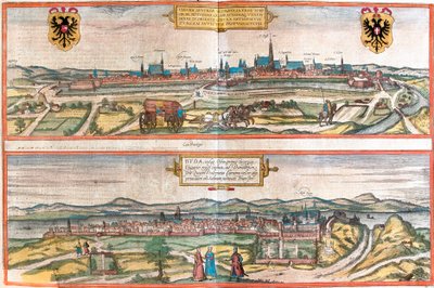 Pohledy na Vídeň (Vídeň), Rakousko a Budapešť (Buda), Maďarsko (lept od Franz Hogenberg