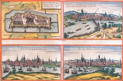 Pohledy na Wittenburg (Wittenburga), Frankfurt (Francfordiensis), Wismar (Wismaria) a Rostock (Rostochium), Německo (lept od Franz Hogenberg