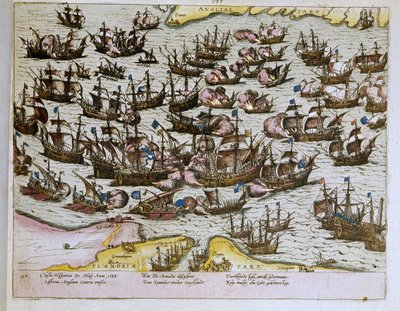 porážka nepřemožitelné španělské armády anglickými břehy dne 8.8.1588, ilustrace z roku 1653 (rytina) od Franz Hogenberg