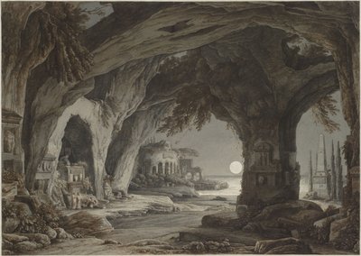 Ideální krajina se skalní jeskyní, hrobkami a ruinami v měsíčním světle, c. 1790. od Franz Innocenz Josef Kobell