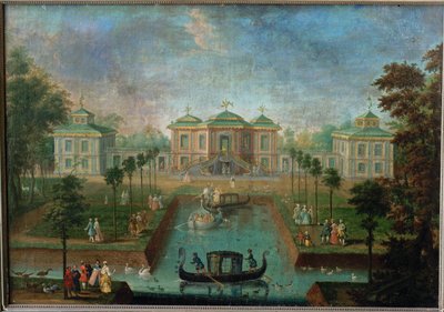 Dvorní život v parku Augustusburského paláce kolem Indiánského domu, pohled od východu ... od Franz Jakob Rousseau