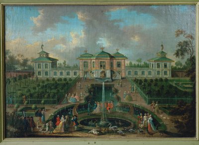 Dvorní život v parku Augustusburského paláce kolem Indiánského domu, pohled od západu ... od Franz Jakob Rousseau