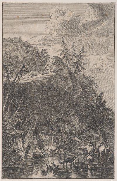 Deska 5: ženská postava na koni a mužská postava se psem stojícím v uličce..., ca. 1700-25. od Franz Joachim Beich