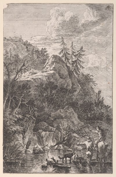 Deska 5: ženská postava na koni a mužská postava se psem stojícím v uličce..., ca. 1700-25. od Franz Joachim Beich