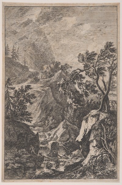 Talíř 6: dvě mužské postavy stojící na skále vpravo, vodopád uprostřed s..., ca. 1700-25. od Franz Joachim Beich