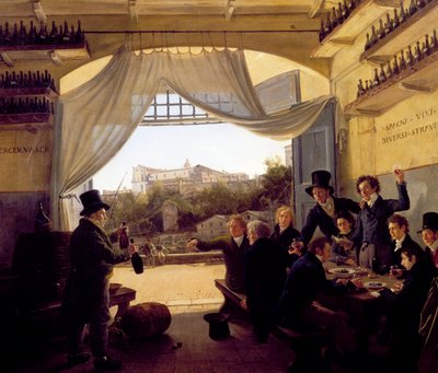 Ludvík II. de Baviere popíjí s přáteli ve španělské vinárně v Římě. 1824 (olej na dřevě) od Franz Ludwig Catel