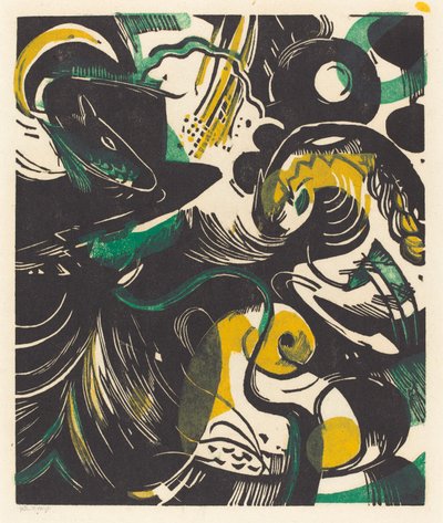 Genesis II (Schopfungsgeschichte II), 1914 (dřevořez ve žluté, černé a zelené) od Franz Marc