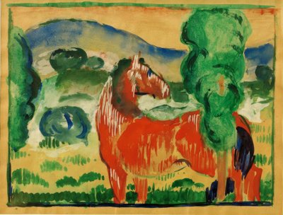 Červený kůň v barevné krajině od Franz Marc