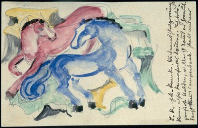 "Červený a modrý kůň", Franz Marc ze Sindelsdorfu do Wassily Kandinsky v Mnichově: pohlednice, razítko 5. dubna 1913 od Franz Marc