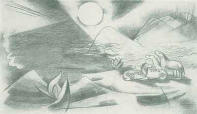 Nedotčená krajina se sluncem, horami a skupinou koní od Franz Marc