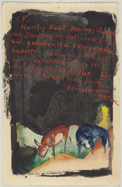 "Zinnobergrüss", Franz Marc ze Sindelsdorfu Wassily Kandinsky v Mnichově: pohlednice, razítko 19. dubna 1913 od Franz Marc