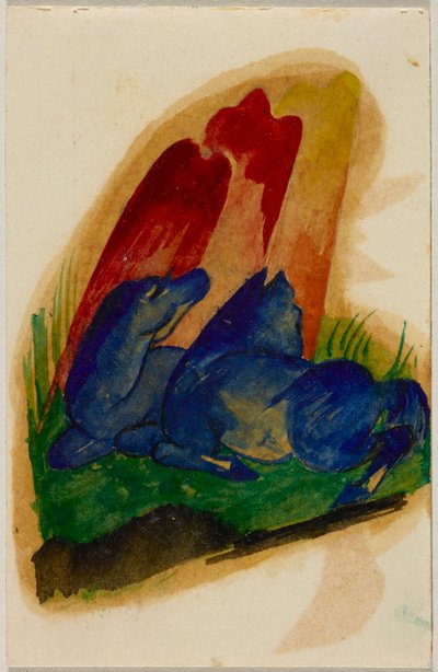 Zwei blaue Pferde vor rotem Felsen, Postkarte aus Sindelsdorf an Wassily Kandinsky in München od Franz Marc