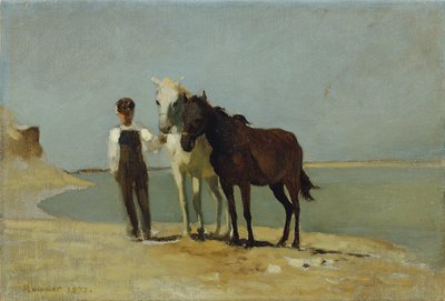 Chlapec s koňmi na pláži od Franz Rumpler