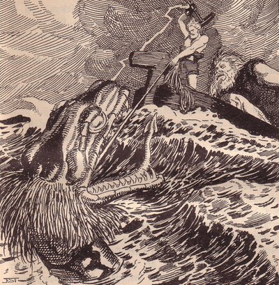Thor a Hymir Fishing. Ilustrace k filmu Edda: Germánští bohové a hrdinové od Hanse von Wolzogena od Franz Stassen