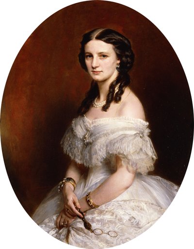 Portrét dámy, poloviční délka, na sobě bílé šaty a držící pár lunet, od Franz Xaver Winterhalter