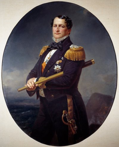 Portrét admirála Námořní admirál s dlouhým výhledem a mořskou krajinou vzadu. Obraz Xavera Winterhaltera (1806-1873) Brest 19. století, Muzeum výtvarných umění od Franz Xaver Winterhalter