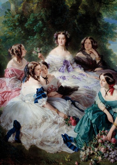 Impress Eugenie (1826-1920) v roce 1855 obklopuje čestné dámy paláce Detail, představující princeznu z Esslingu, baronku z kamenů, vikomtesu Lezay-Marnesii, císaře na vrcholu v bílém a markýzu z Montebella na a od Franz Xaver Winterhalter